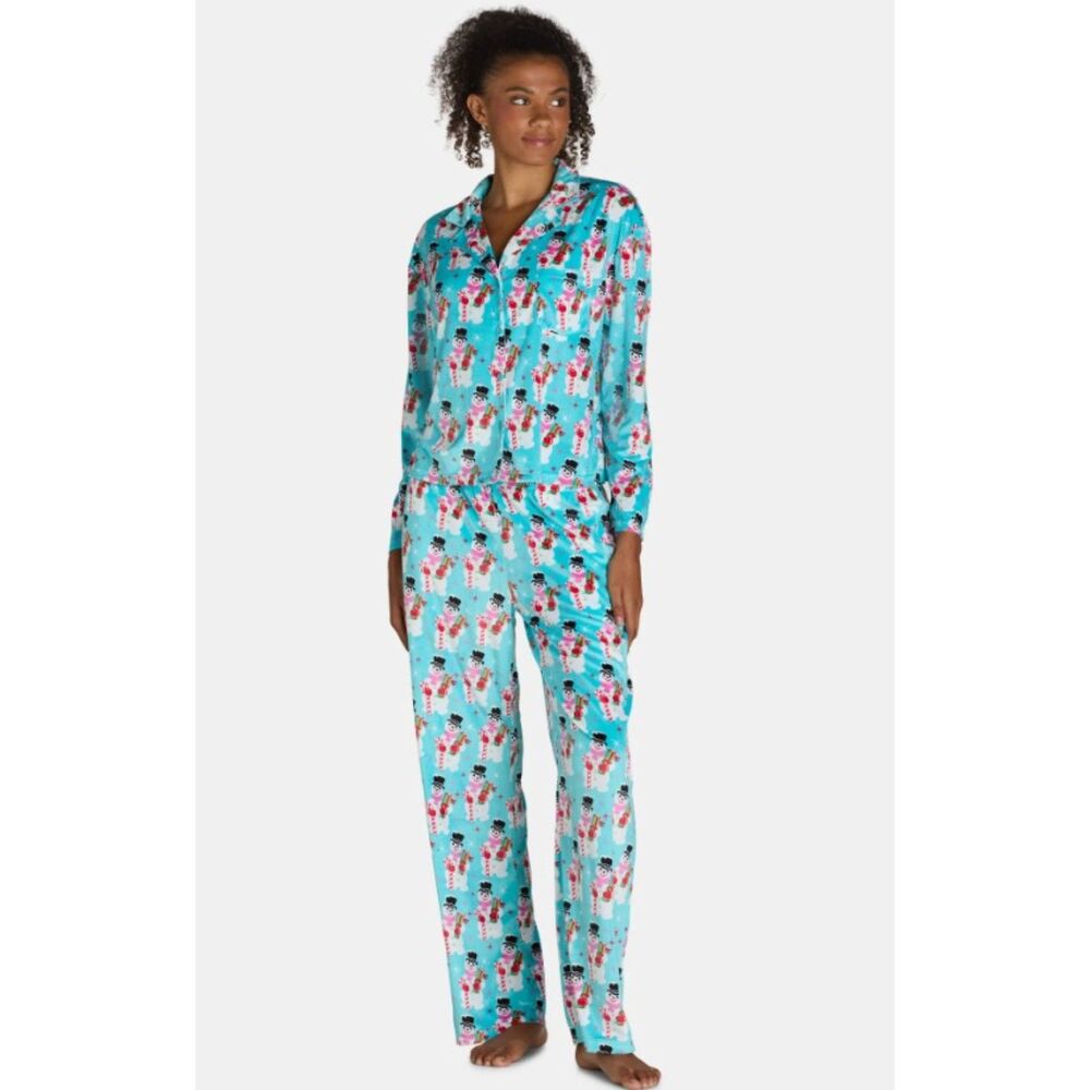 NEW Sz Large Blue Snowman Christmas Holiday Soft Velour 2 Pc Pajama Lounge Set
